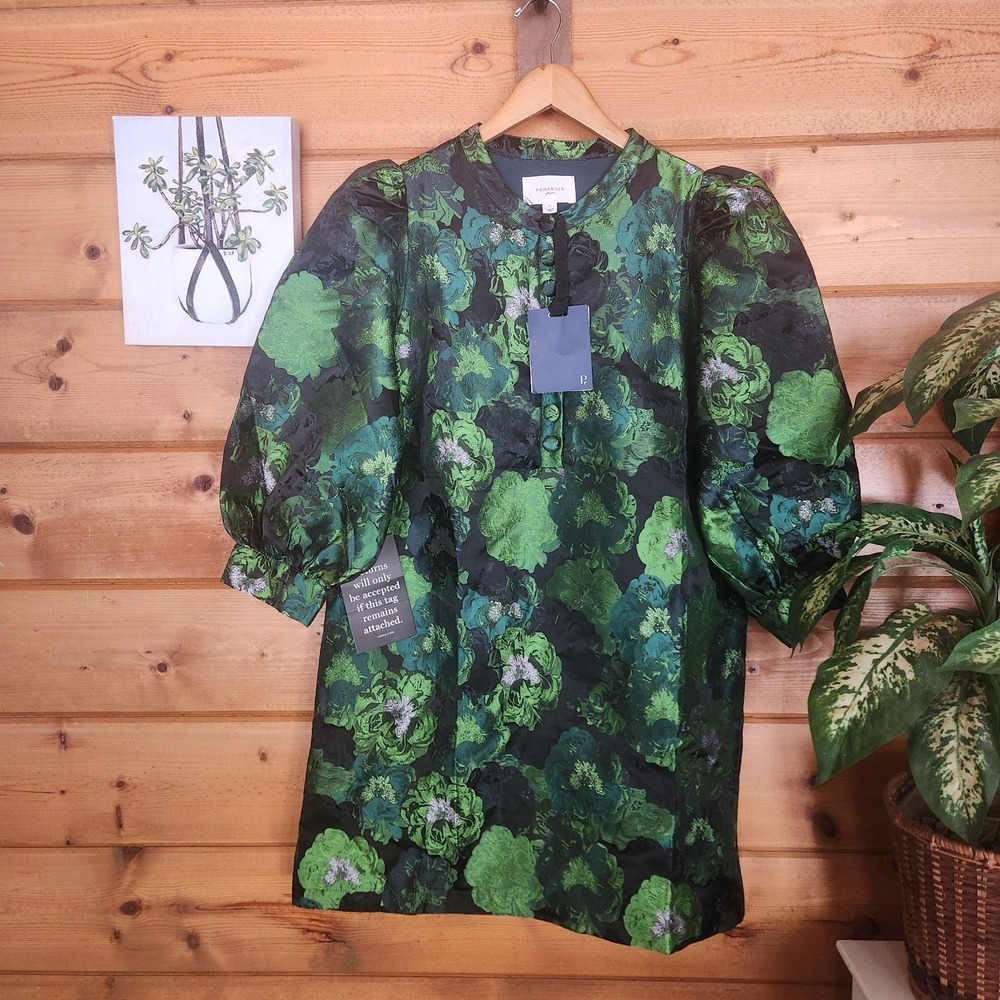 Pomander Place NWT Samantha Green Jacquard Brocade Mini Dress Floral Puff Size L - Picture 2 of 10